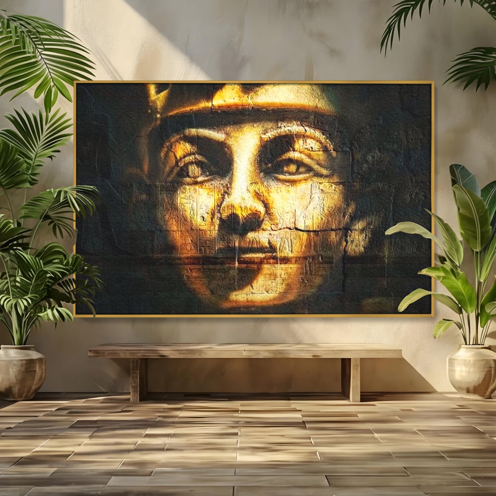 Tablou canvas cu tablou canvas cu chipul unui faraon, in rama de aluminiu auriu